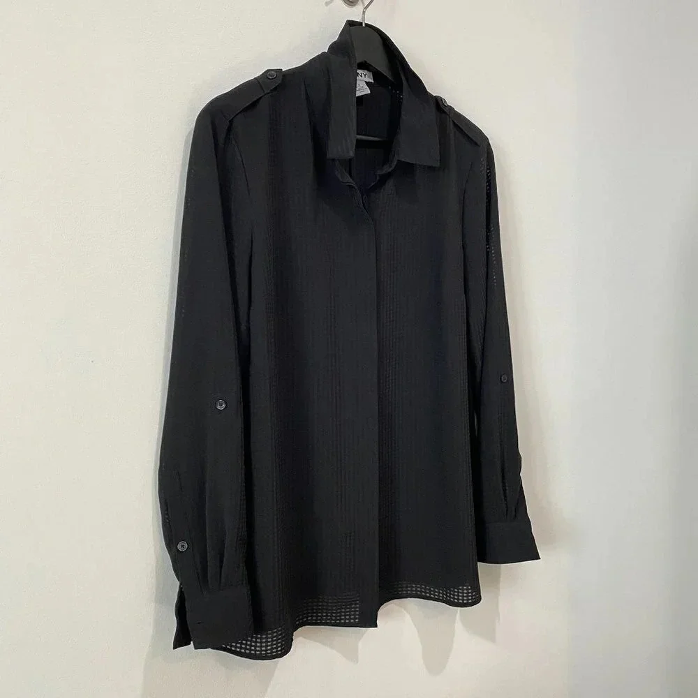 DKNY M Sheer Checkered Flowy Black Blouse with Collar Androgynous Sporty